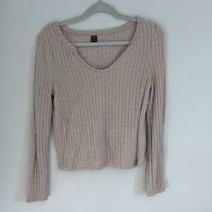 SHEIN Cream Ribbed Long Sleeve Blouse